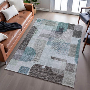 HomeRoots 8' x 10' Teal Gray & Silver Abstract Geometric Area Rug - Washable, UV Protected, Modern Design! 684778