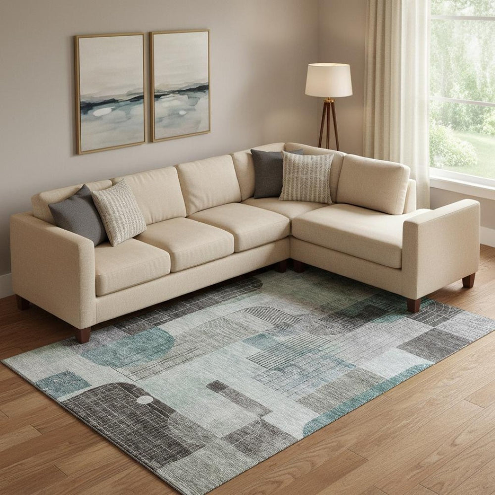 HomeRoots 9' X 12' Teal Gray Silver Geometric Area Rug - Washable, UV-Resistant, Perfect for High Traffic Homes 684779