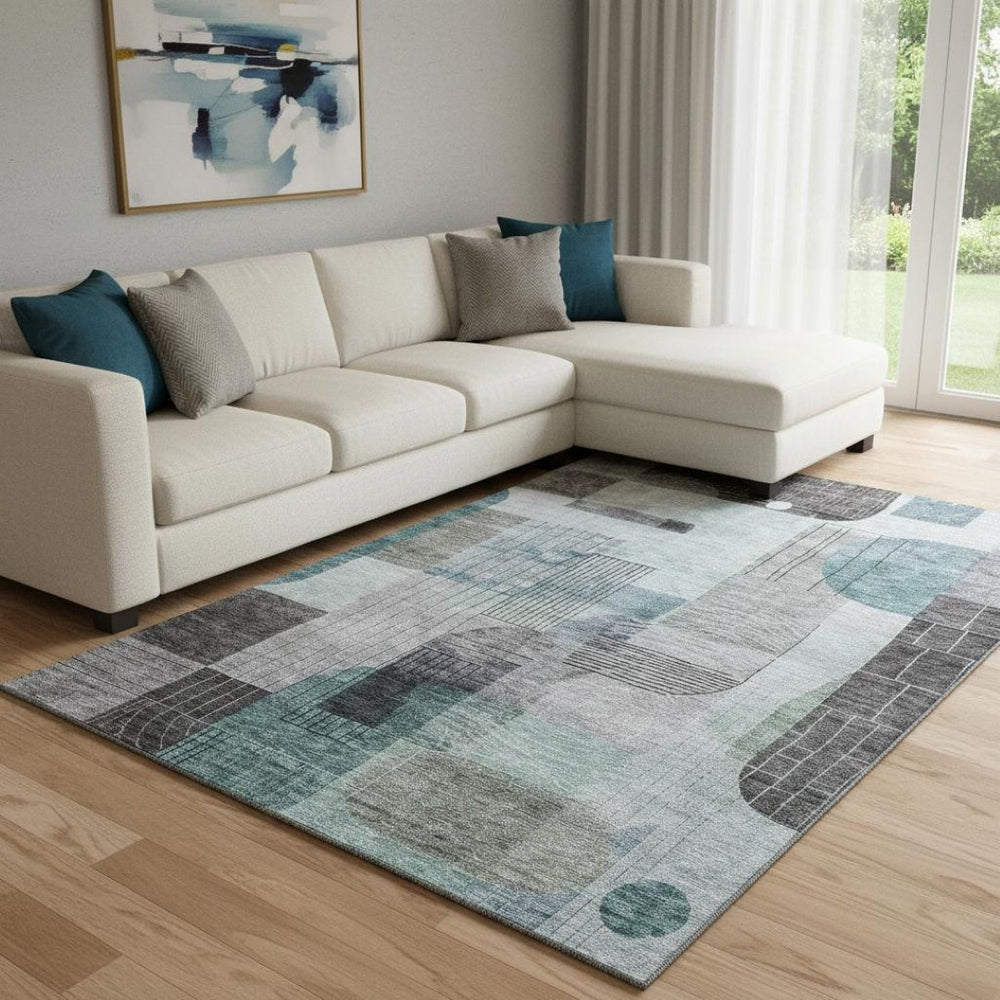 HomeRoots 10' X 14' Teal Gray & Silver Abstract Geometric Washable Area Rug with UV Protection & Style 684780