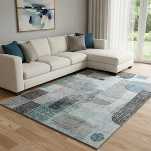 HomeRoots 10' X 14' Teal Gray & Silver Abstract Geometric Washable Area Rug with UV Protection & Style 684780