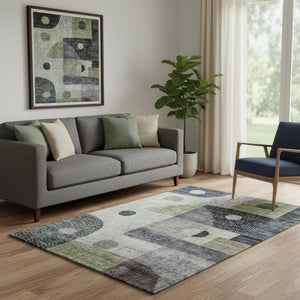 HomeRoots 5' X 8' Modern Artichoke Green, Silver & Gray Geometric Washable Area Rug with UV Protection & Durability 684782