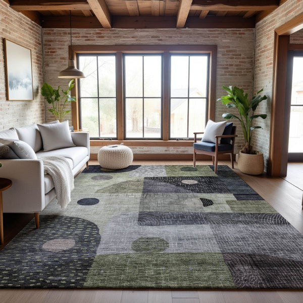 HomeRoots 5' X 8' Modern Artichoke Green, Silver & Gray Geometric Washable Area Rug with UV Protection & Durability 684782