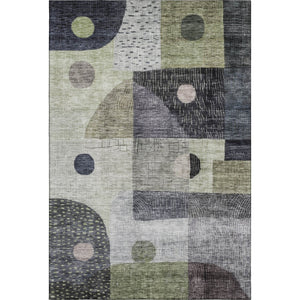 HomeRoots 5' X 8' Modern Artichoke Green, Silver & Gray Geometric Washable Area Rug with UV Protection & Durability 684782