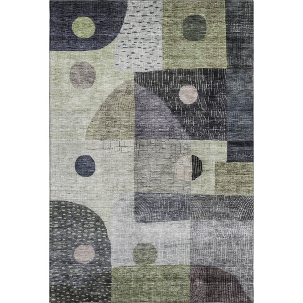 HomeRoots 5' X 8' Modern Artichoke Green, Silver & Gray Geometric Washable Area Rug with UV Protection & Durability 684782
