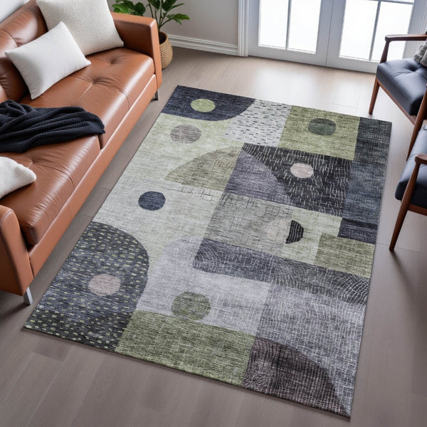 HomeRoots 5' X 8' Modern Artichoke Green, Silver & Gray Geometric Washable Area Rug with UV Protection & Durability 684782