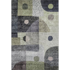 HomeRoots 5' X 8' Modern Artichoke Green, Silver & Gray Geometric Washable Area Rug with UV Protection & Durability 684782