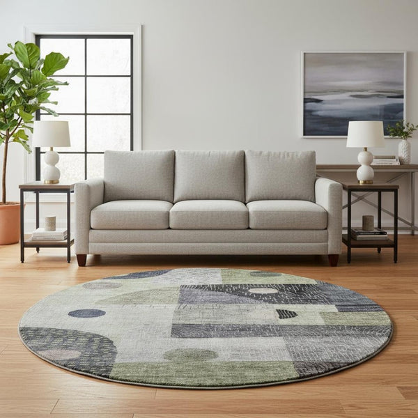 HomeRoots 8' Artichoke Green Geometric Washable Round Rug - UV Protected, Stain Resistant, Modern Design! 684783