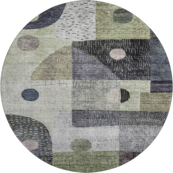 HomeRoots 8' Artichoke Green Geometric Washable Round Rug - UV Protected, Stain Resistant, Modern Design! 684783
