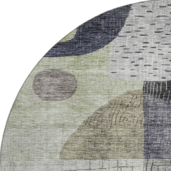 HomeRoots 8' Artichoke Green Geometric Washable Round Rug - UV Protected, Stain Resistant, Modern Design! 684783
