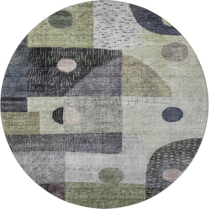 HomeRoots 8' Artichoke Green Geometric Washable Round Rug - UV Protected, Stain Resistant, Modern Design! 684783