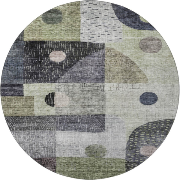 HomeRoots 8' Artichoke Green Geometric Washable Round Rug - UV Protected, Stain Resistant, Modern Design! 684783