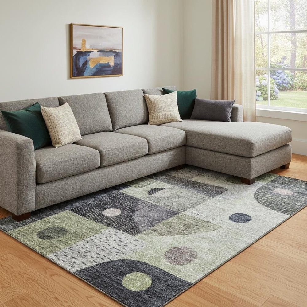 HomeRoots 8' X 10' Stylish Artichoke Green Geometric Area Rug with Stain Resistance, Washable & UV Protection 684784