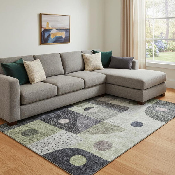 HomeRoots 8' X 10' Stylish Artichoke Green Geometric Area Rug with Stain Resistance, Washable & UV Protection 684784