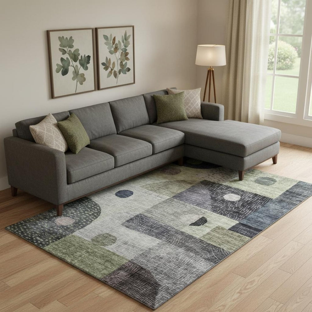 HomeRoots 9' X 12' Artichoke Green Geometric Area Rug - Stylish, Washable, UV Protected, Ideal for High-Traffic Homes 684785