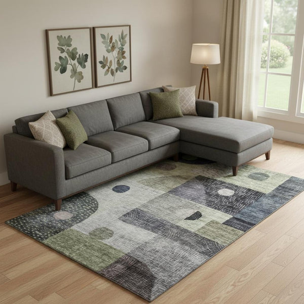 HomeRoots 9' X 12' Artichoke Green Geometric Area Rug - Stylish, Washable, UV Protected, Ideal for High-Traffic Homes 684785