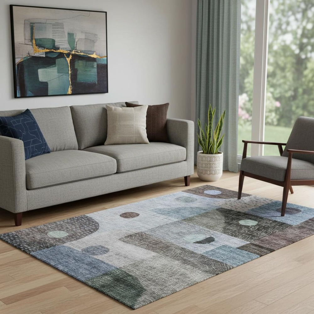 HomeRoots 5' X 8' Blue Gray & Silver Geometric Area Rug - Washable, UV Protected, Modern Style for Any Room 684794