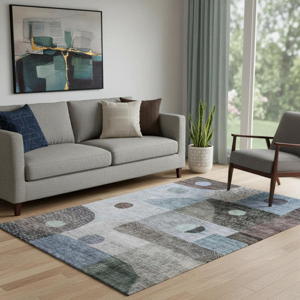 HomeRoots 5' X 8' Blue Gray & Silver Geometric Area Rug - Washable, UV Protected, Modern Style for Any Room 684794