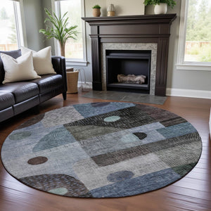 HomeRoots 8' Blue Gray & Silver Geometric Round Rug - Washable, UV Protected, Perfect for High-Traffic Areas! 684795
