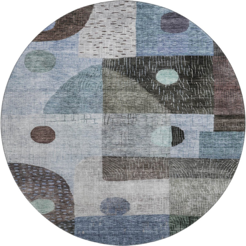 HomeRoots 8' Blue Gray & Silver Geometric Round Rug - Washable, UV Protected, Perfect for High-Traffic Areas! 684795