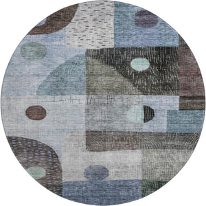 HomeRoots 8' Blue Gray & Silver Geometric Round Rug - Washable, UV Protected, Perfect for High-Traffic Areas! 684795