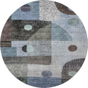 HomeRoots 8' Blue Gray & Silver Geometric Round Rug - Washable, UV Protected, Perfect for High-Traffic Areas! 684795