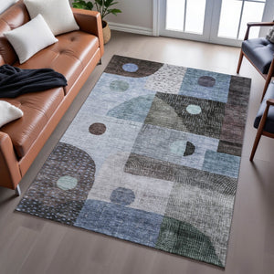 HomeRoots 9' X 12' Stylish Blue Gray & Silver Geometric Area Rug - Washable, UV Protected for Everyday Use 684797