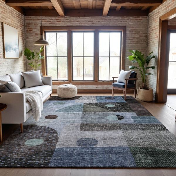 HomeRoots 10' Blue Gray & Silver Geometric Washable Area Rug – UV Protected, Stain Resistant & Stylish Design 684798