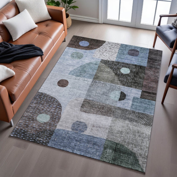 HomeRoots 10' Blue Gray & Silver Geometric Washable Area Rug – UV Protected, Stain Resistant & Stylish Design 684798