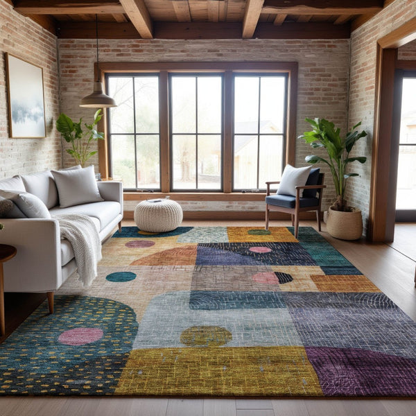 HomeRoots 5' X 8' Vibrant Geometric Area Rug in Green, Teal, Orange & Purple - Washable, UV Protected & Stain Resistant 684800