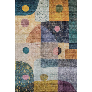 HomeRoots 5' X 8' Vibrant Geometric Area Rug in Green, Teal, Orange & Purple - Washable, UV Protected & Stain Resistant 684800