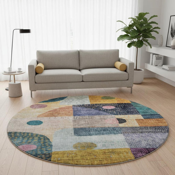 HomeRoots 8' Modern Geometric Washable Round Rug in Teal, Green, Orange & Purple - UV Protected & Durable! 684801