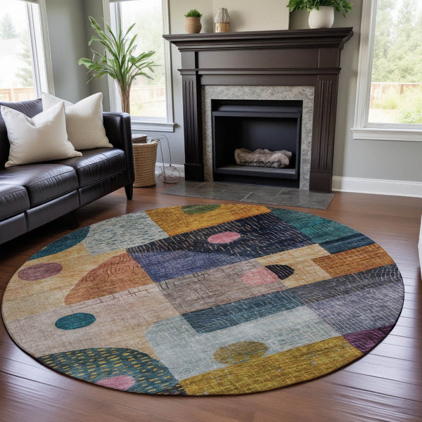 HomeRoots 8' Modern Geometric Washable Round Rug in Teal, Green, Orange & Purple - UV Protected & Durable! 684801