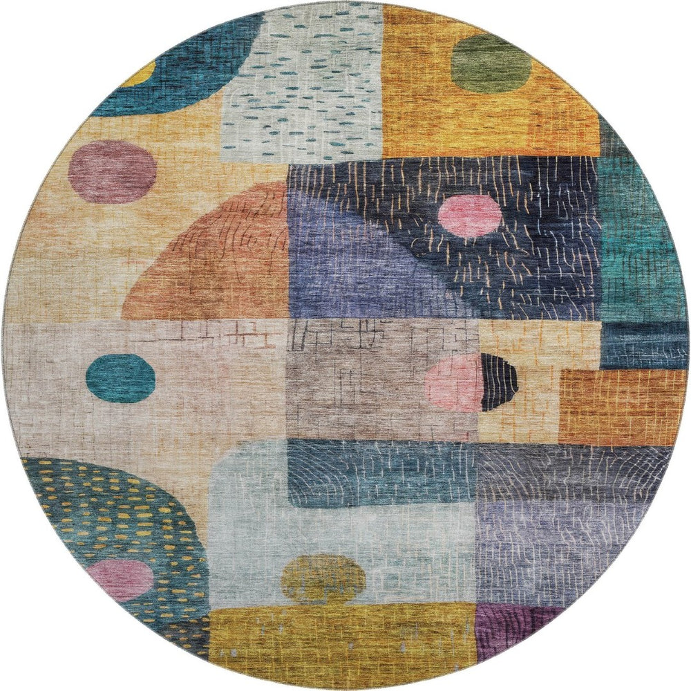 HomeRoots 8' Modern Geometric Washable Round Rug in Teal, Green, Orange & Purple - UV Protected & Durable! 684801