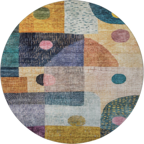 HomeRoots 8' Modern Geometric Washable Round Rug in Teal, Green, Orange & Purple - UV Protected & Durable! 684801