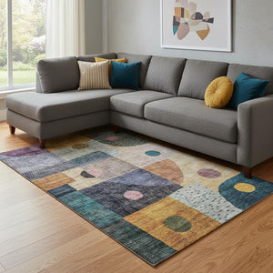HomeRoots 10' Vibrant Geometric Area Rug in Teal, Green, Orange & Purple - Washable, UV-Protected, Durable Design 684804
