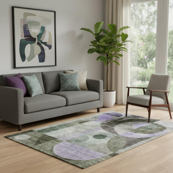 HomeRoots 5' X 8' Geometric Area Rug in Olive Green, Purple & Brown - Washable, UV-Protected, Kid-Friendly Design 684806