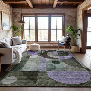 HomeRoots 5' X 8' Geometric Area Rug in Olive Green, Purple & Brown - Washable, UV-Protected, Kid-Friendly Design 684806
