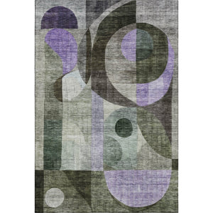 HomeRoots 5' X 8' Geometric Area Rug in Olive Green, Purple & Brown - Washable, UV-Protected, Kid-Friendly Design 684806