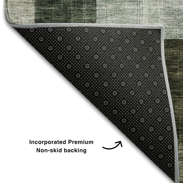 HomeRoots 5' X 8' Geometric Area Rug in Olive Green, Purple & Brown - Washable, UV-Protected, Kid-Friendly Design 684806