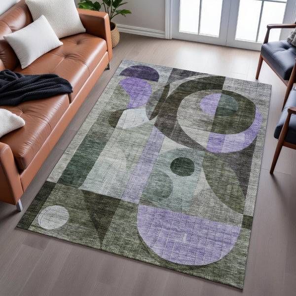 HomeRoots 5' X 8' Geometric Area Rug in Olive Green, Purple & Brown - Washable, UV-Protected, Kid-Friendly Design 684806