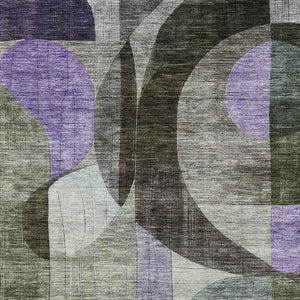 HomeRoots 5' X 8' Geometric Area Rug in Olive Green, Purple & Brown - Washable, UV-Protected, Kid-Friendly Design 684806