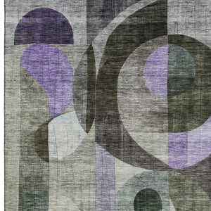 HomeRoots 5' X 8' Geometric Area Rug in Olive Green, Purple & Brown - Washable, UV-Protected, Kid-Friendly Design 684806