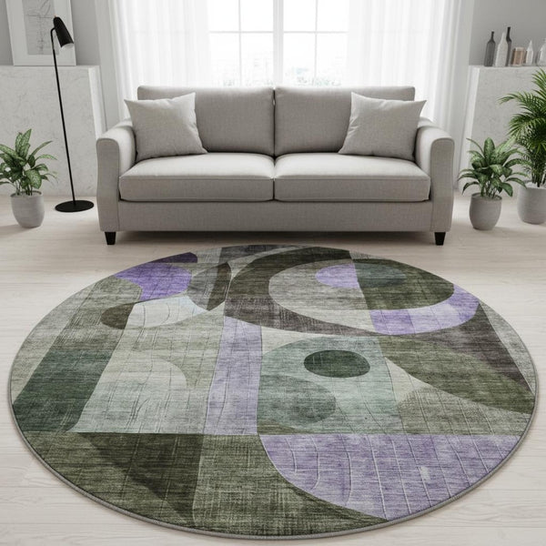 HomeRoots 8' Olive Green, Purple & Brown Geometric Round Rug – Durable, Washable, UV-Protected for Every Space 684807
