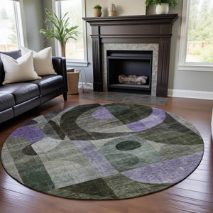 HomeRoots 8' Olive Green, Purple & Brown Geometric Round Rug – Durable, Washable, UV-Protected for Every Space 684807