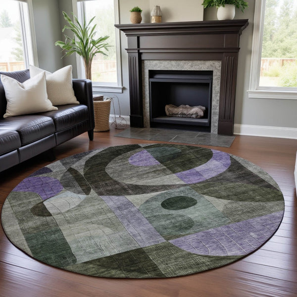 HomeRoots 8' Olive Green, Purple & Brown Geometric Round Rug – Durable, Washable, UV-Protected for Every Space 684807