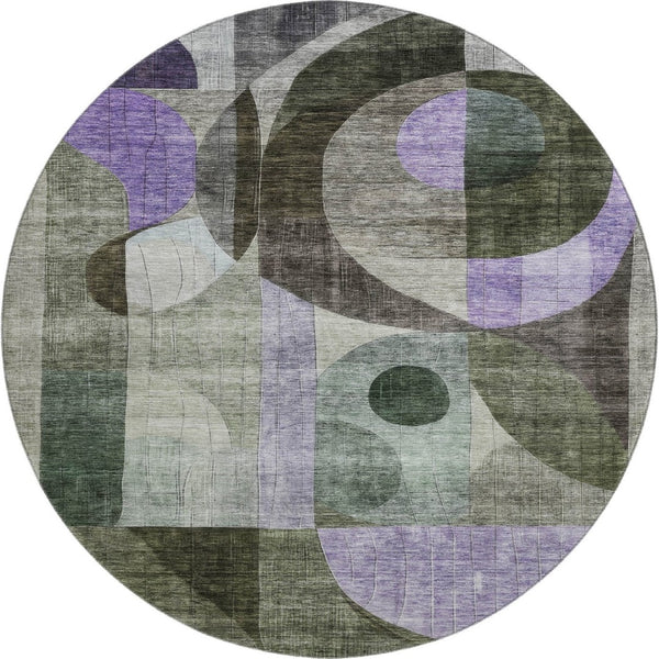 HomeRoots 8' Olive Green, Purple & Brown Geometric Round Rug – Durable, Washable, UV-Protected for Every Space 684807