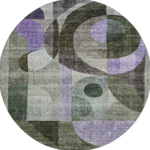 HomeRoots 8' Olive Green, Purple & Brown Geometric Round Rug – Durable, Washable, UV-Protected for Every Space 684807