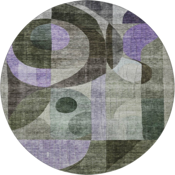 HomeRoots 8' Olive Green, Purple & Brown Geometric Round Rug – Durable, Washable, UV-Protected for Every Space 684807
