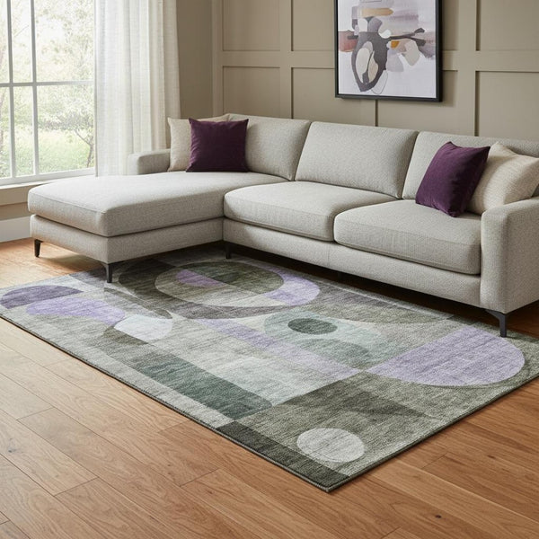HomeRoots 8' X 10' Geometric Area Rug in Olive Green, Purple & Brown - Washable, UV-Resistant & Stain-Proof! 684808