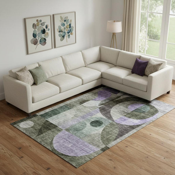 HomeRoots 9' Geometric Washable Area Rug in Olive Green, Purple & Brown - UV Protected, Family-Friendly Design 684809